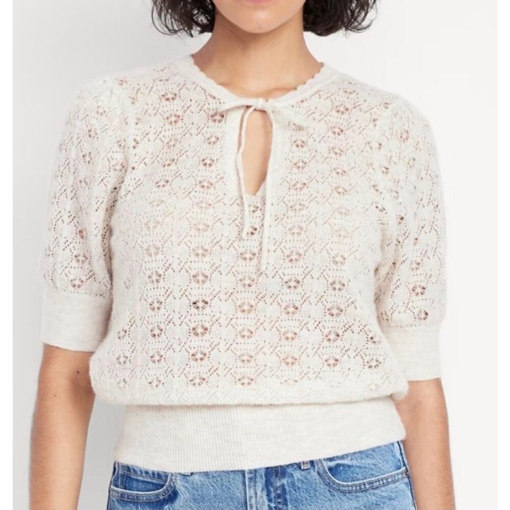 Old Navy LARGE Oatmeal Lace Pointelle Knit Short Sleeve Cottagecore Top NWT